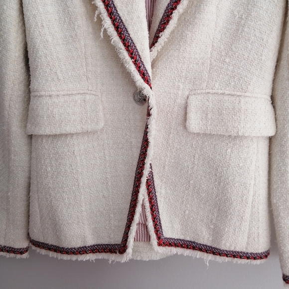 Veronica Beard Raw Edge Cutaway White Tweed Dickey Blazer with Red Trim 0 - Picture 8 of 17